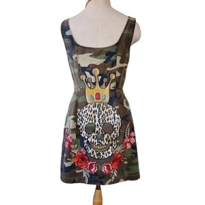 Reworked Camouflage Smock Button Up Dress Rose Skull Queen Hand Painted Upcycle Custom Clothing