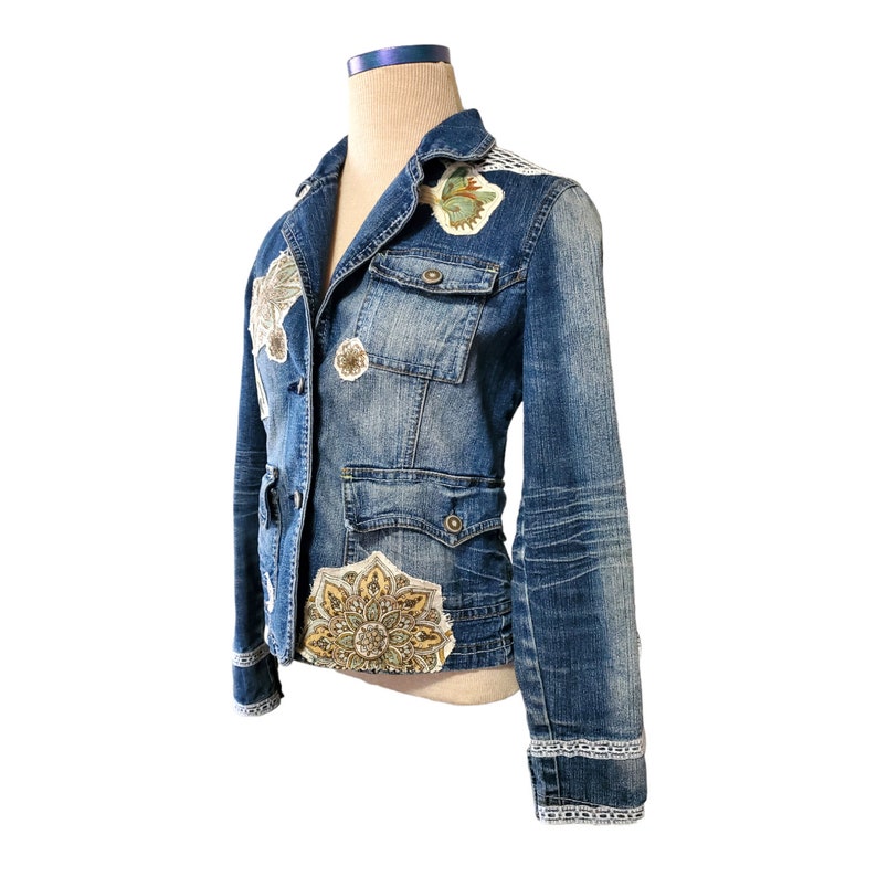 Doiley Jacket Reworked Vintage Doily Butterfly Mandala Patch Embellished Denim Blazer ...