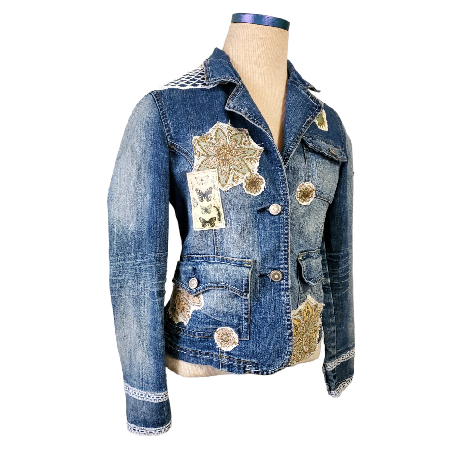 Doiley Jacket Reworked Vintage Doily Butterfly Mandala Patch Embellished Denim Blazer ...