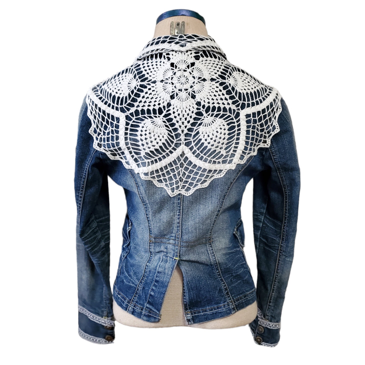 Doiley Jacket Reworked Vintage Doily Butterfly Mandala Patch Embellished Denim Blazer ...