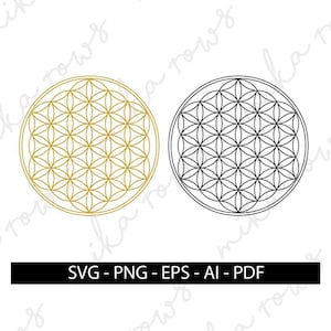 Könnte beinhalten: Zwei kreisförmige Designs mit dem Muster der Blume des Lebens. Eines ist goldfarben, das andere schwarz, beide mit komplizierten geometrischen Formen. Darunter steht "SVG - PNG - EPS - AI - PDF".