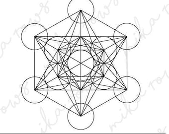 May include: A black and white line art graphic of Metatron's Cube, featuring a complex geometric pattern of intersecting circles and straight lines. Below the design, a black rectangular bar contains the white text: SVG - PNG - EPS - AI - PDF.