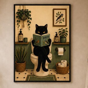 Funny Cat Bathroom Poster, Black Cat Wall Art, Cat Reading Book Print, Quirky Bathroom Decor, Cat Lover Gift, Unframed Poster