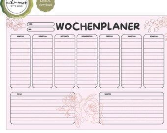 May include: A printable weekly planner with a pink background and floral accents. The planner is divided into seven columns for each day of the week, with sections for "To Do" and "Important". The text "2 Formate: A3 + A4" is at the bottom of the planner.