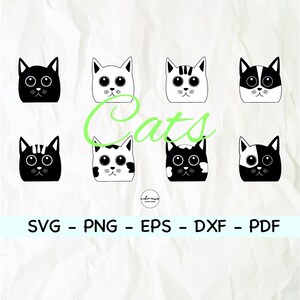 Könnte beinhalten: Satz von acht Schwarzweiß-Illustrationen von Katzenköpfen. Die Katzen haben verschiedene Muster und Ausdrücke. Das Wort "Cats" ist in Schwarz unter den Bildern geschrieben. Der Text "SVG - PNG - EPS - DXF - PDF" ist unter dem Wort "Cats" geschrieben.