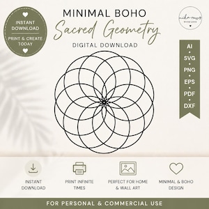 Peut inclure: Téléchargement numérique minimaliste avec un motif de géométrie sacrée noir. L'image comprend le texte "Minimal Boho" et "Téléchargement numérique". Le design est pour un usage personnel et commercial. Formats : AI, SVG, PNG, EPS, PDF, et DXF.