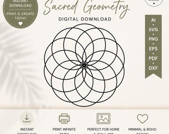 May include: Digital download with a minimalist design of Sacred Geometry in black. The image includes the text "Minimal Boho" and "Digital Download." It also states the design is for personal and commercial use. Formats available are AI, SVG, PNG, EPS, PDF, and DXF.