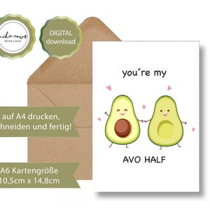 AVO HALF Love Grußkarte Card Digital Download Cute Love digitale zum Drucken Jubiläum Klappkarte Geburtstag Avocado Birthday