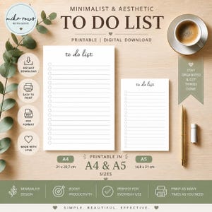 Könnte beinhalten: Ästhetische To-Do-Liste zum Ausdrucken in den Formaten A4 (21 x 29,7 cm) und A5 (14,8 x 21 cm). Das Design ist minimalistisch mit dem Text "to do list" oben. Enthält eine Tasse Kaffee, einen goldenen Stift und einen kleinen weißen Behälter.