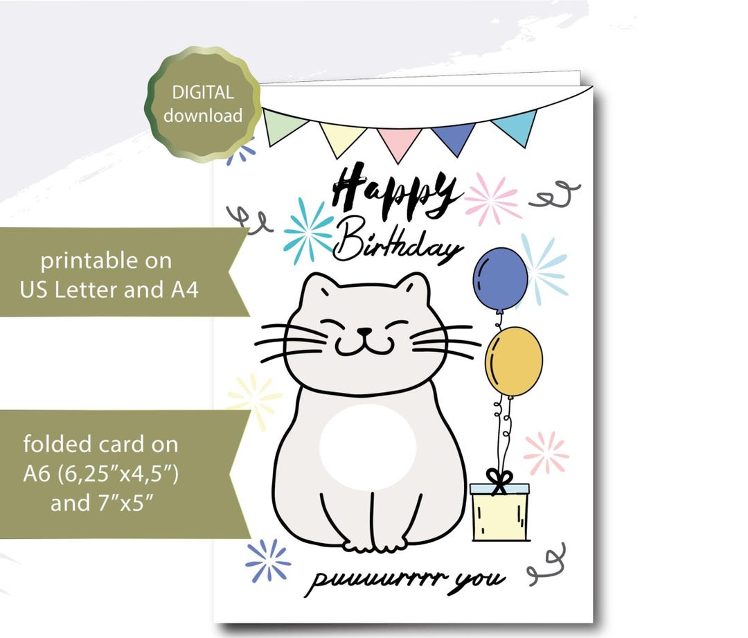 Printable Birthday Card Cat Digital Download Funny Cute Happy Birthday ...