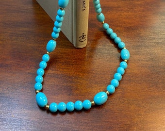 Vintage Mid-Century Teal Blue Beaded Gold-Toned Necklace