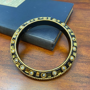 Vintage Silver/Gold-Plated Black Lucite Bangle Bracelet, circa 1950s
