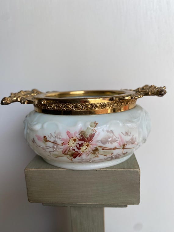 Antique Wave Crest Floral and Brass Trinket Dish