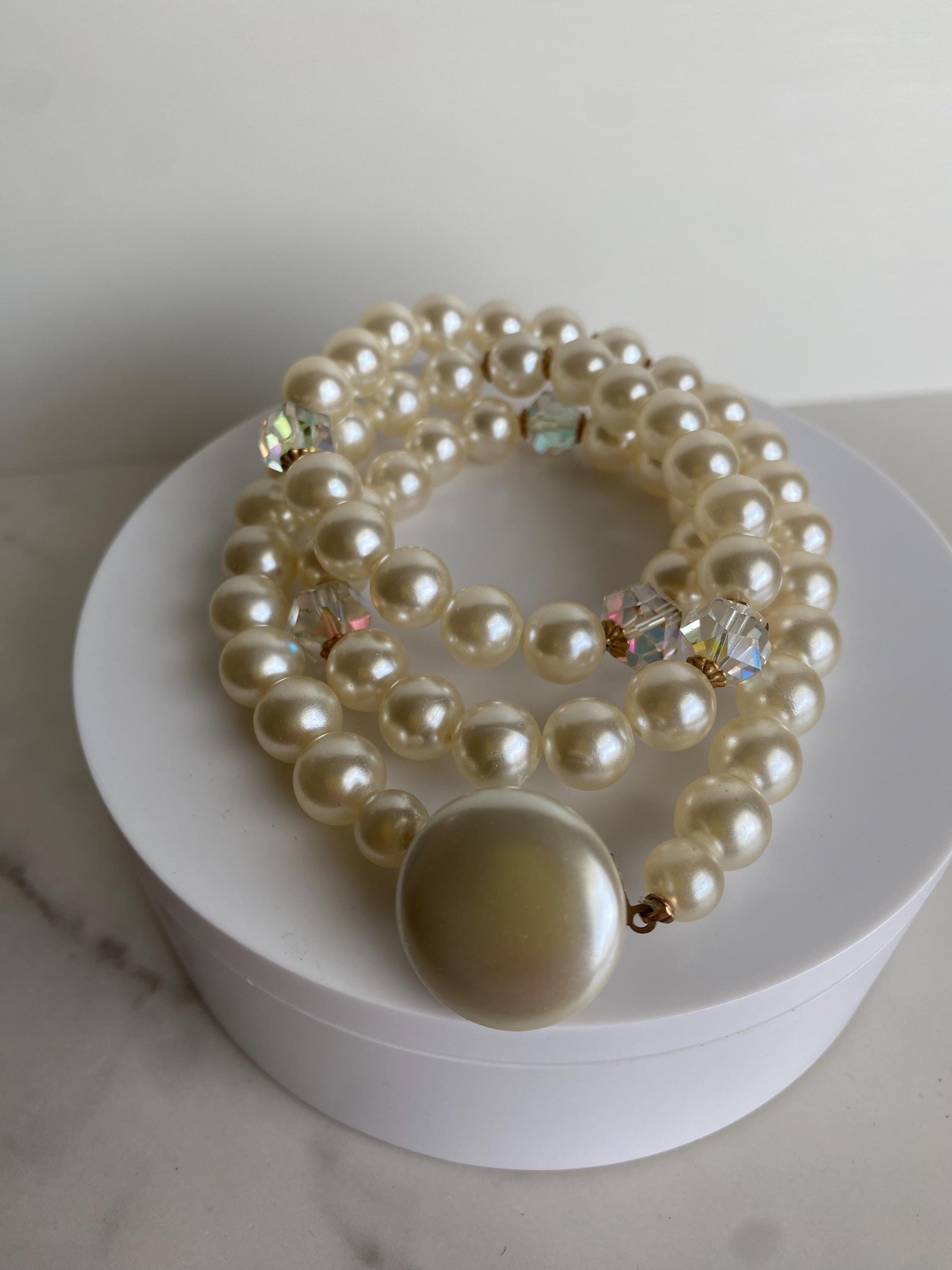 Collier Ancien En Perles Nacrées - Longueur ~48cm, Fermoir Strass, Style Rétro
