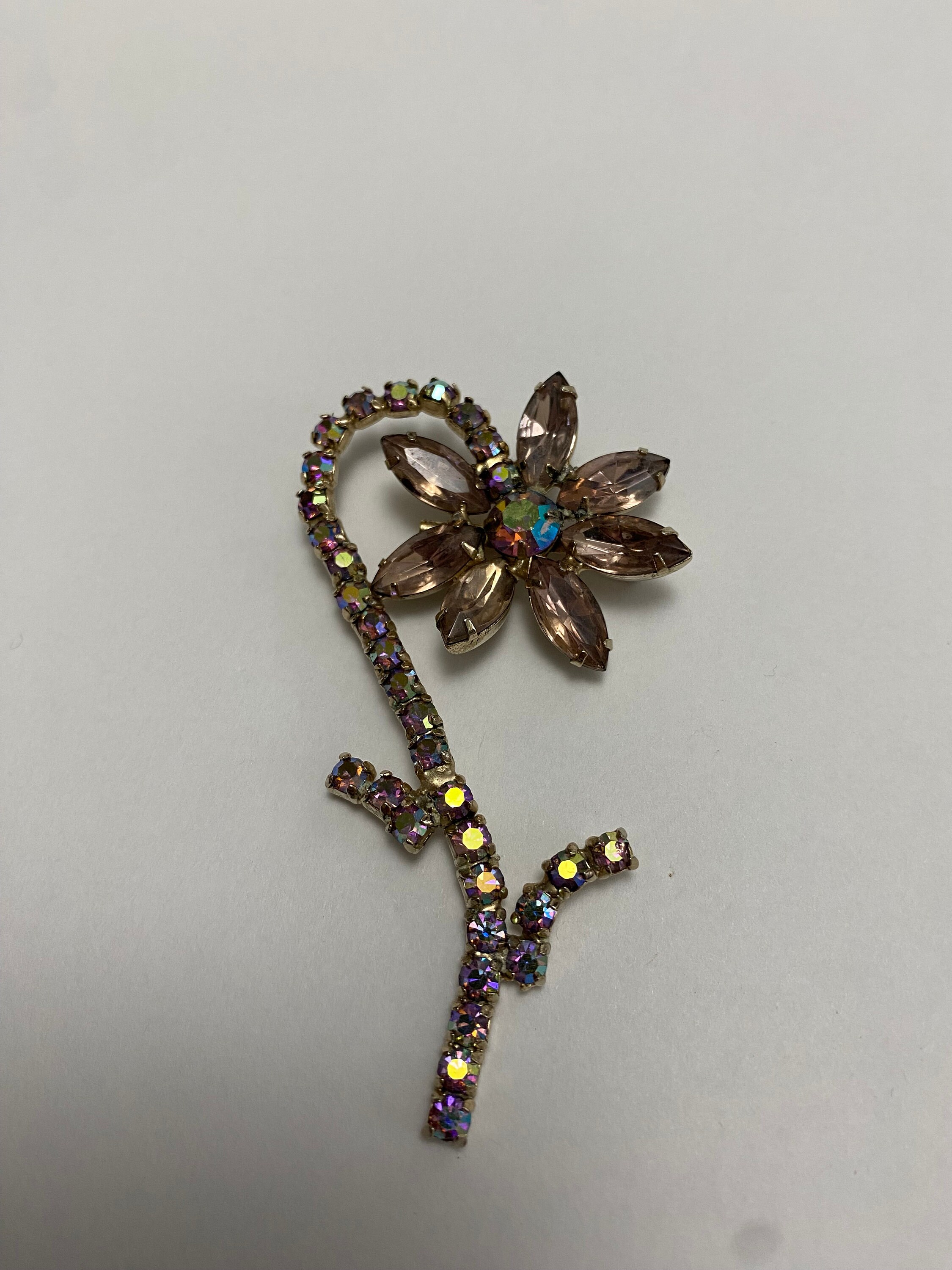 Broche Ancienne En Argent Massif - Motif Rose Avec Strass - Occasion