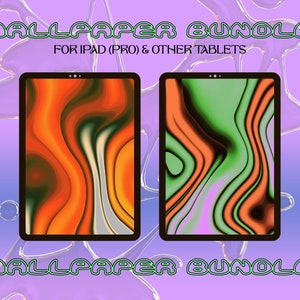 May include: Two digital tablet screen mockups with abstract wavy patterns. The left screen has orange, yellow, and black waves. The right screen has green, orange, and purple waves. The text "WALLPAPER BUNDLE FOR IPAD (PRO) & OTHER TABLETS" is at the top of the image. The text "WALLPAPER BUNDLE" is at the bottom of the image.