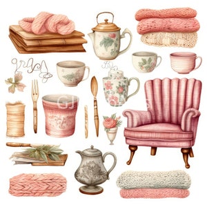 Vintage Knitting Junk Journal Kit Clipart ,Wool Ball Clipart, Knitting Needles, tea cup,sofa ,spoon, house hold items ,Scrapbooking Supply