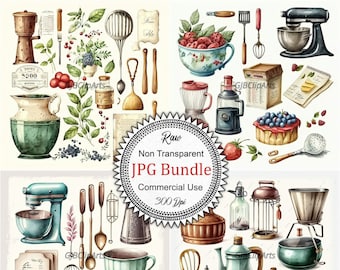 Charming Kitchen Tools Collection Clipart: Watercolor Utensils and Gadgets, High-Quality JPGs, 300 dpi, Home, Scrapbooking, Stickers