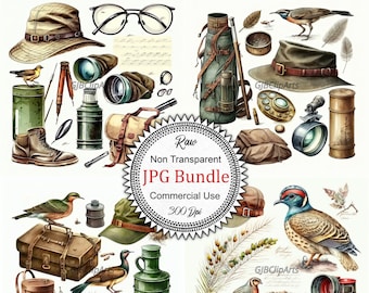 Authentic Hunting Equipment Collection Clipart: Watercolor Outdoor Gear, High-Quality JPGs, 300 dpi, Adventure, Scrapbooking, Commercial Use