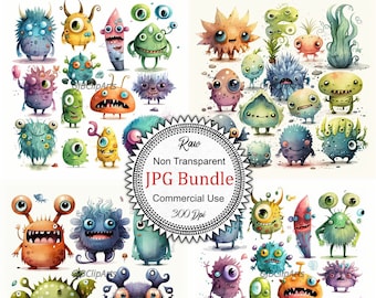 May include: A set of 30 watercolor illustrations of colorful, cartoon monsters. The monsters have different shapes, sizes, and expressions. The illustrations are perfect for adding a whimsical touch to any project.