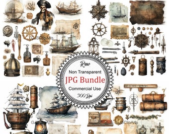 Vintage Pirates Junk Journal Kit Clipart, Pirate Ship Clipart Treasure Chest Clipart, , Journaling E Print, Journaling Templates,