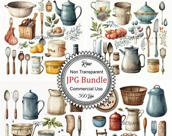 Rustic Utensils at the Ranch Clipart: Watercolor Kitchenware, Farmhouse Style, Scrapbooking, Junk Journal Supplies, Commercial Use