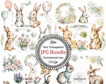 Rabbit Art: Baby Bunny Watercolor Clipart for Easter, Nursery Decor, Greeting Cards, High-Quality JPGs, 300 dpi, Commercial Use