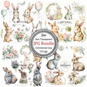 Rabbit Art: Baby Bunny Watercolor Clipart for Easter, Nursery Decor, Greeting Cards, High-Quality JPGs, 300 dpi, Commercial Use