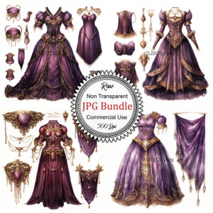 Può includere: Un set di illustrazioni digitali di un abito viola e oro con vari accessori. L'abito ha un corpetto aderente e una gonna ampia. Gli accessori includono una corona, una collana, una cintura e un paio di orecchini.