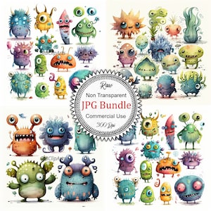 Cute Monsters Watercolor Clipart Retro Collection, Playful Characters, Kids' Decor, Party Invitations, High-Quality JPGs, 300 dpi