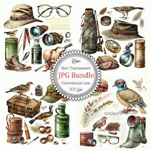 Authentic Hunting Equipment Collection Clipart: Watercolor Outdoor Gear, High-Quality JPGs, 300 dpi, Adventure, Scrapbooking, Commercial Use