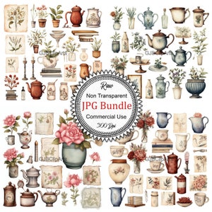 May include: A collection of vintage-style watercolor illustrations featuring teapots, teacups, pitchers, vases, flowers, books, candlesticks, and other decorative elements. The illustrations are in shades of brown, blue, green, and white, and have a rustic, farmhouse aesthetic.