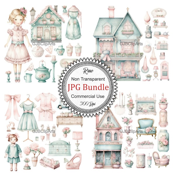 Vintage Doll and Doll House Pink and Green Clipart, Blush Pink Doll Clipart, Journaling For Beginners, Quick download images