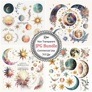 K&ouml;nnte beinhalten: Ein Set mit 12 Aquarell-Illustrationen mit himmlischen Elementen, darunter Monde, Sterne, Planeten und florale Akzente. Die Illustrationen sind in Blaut&ouml;nen, Gold und Rosa gehalten und perfekt, um jedem Projekt eine Prise Verspieltheit zu verleihen.