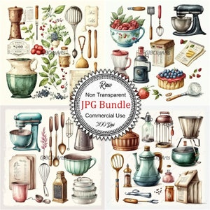 Charming Kitchen Tools Collection Clipart: Watercolor Utensils and Gadgets, High-Quality JPGs, 300 dpi, Home, Scrapbooking, Stickers