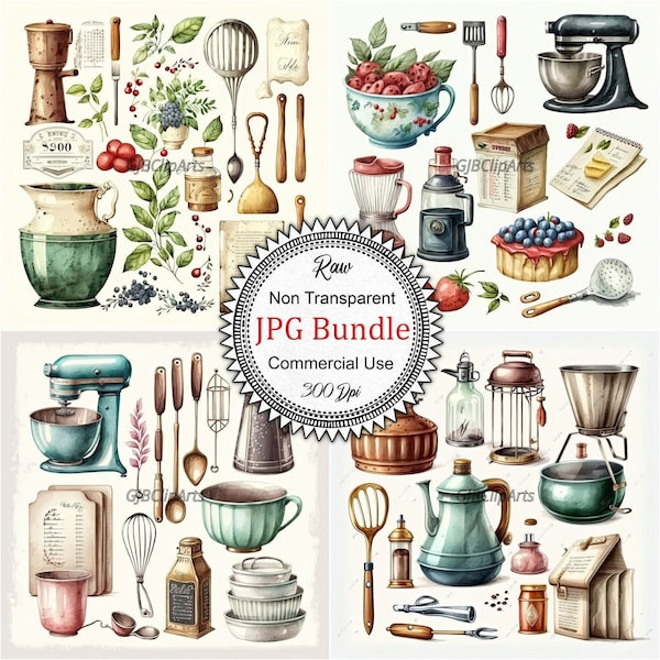 Charming Kitchen Tools Collection Clipart: Watercolor Utensils and Gadgets, High-Quality JPGs, 300 dpi, Home, Scrapbooking, Stickers