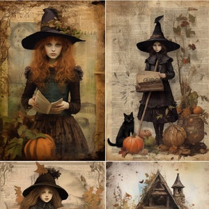 May include: Four digital collage images featuring a witch in a black dress and pointed hat. The witch is holding a book, a broom, and a basket. The images are set against a background of autumn leaves and pumpkins.