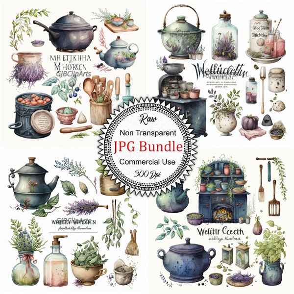 Vintage Witch Kitchen Collection: Watercolor Enchanting Witchy Kitchen Tools, Scrapbooking, Junk Journal Supplies, Commercial Use