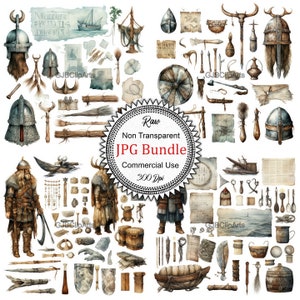May include: Watercolor illustration of a Viking-themed JPG bundle. The image features various Viking artifacts, including helmets, weapons, and scrolls. The text "Raw Non Transparent JPG Bundle Commercial Use 300 Dpi" is in the center.