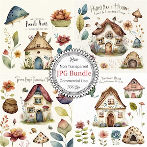 Collection d'aquarelles de maisons de fées : dessins de clip art magiques pour livres pour enfants, décoration de chambre d'enfant, cartes de vœux, art mural, utilisation commerciale