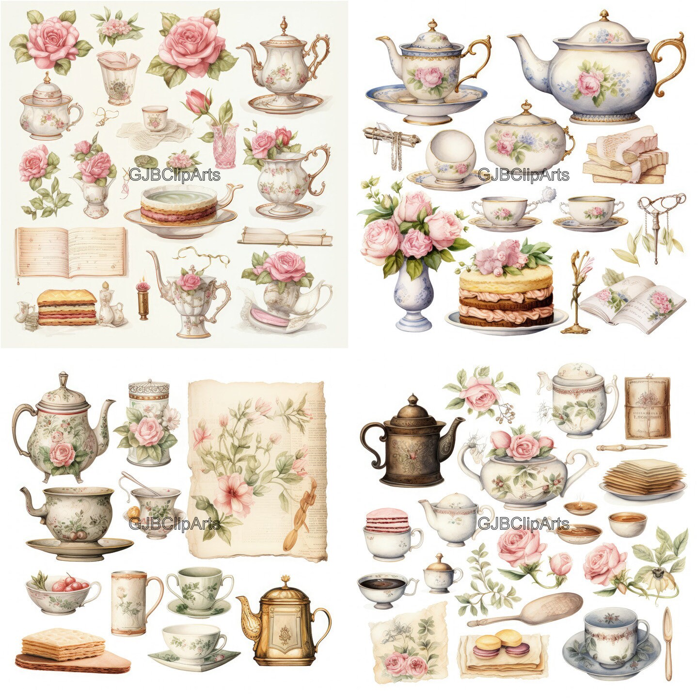 Vintage Tea Party Junk Journal Kit Clipart, Tea Pot Clipart Tea Cup ...