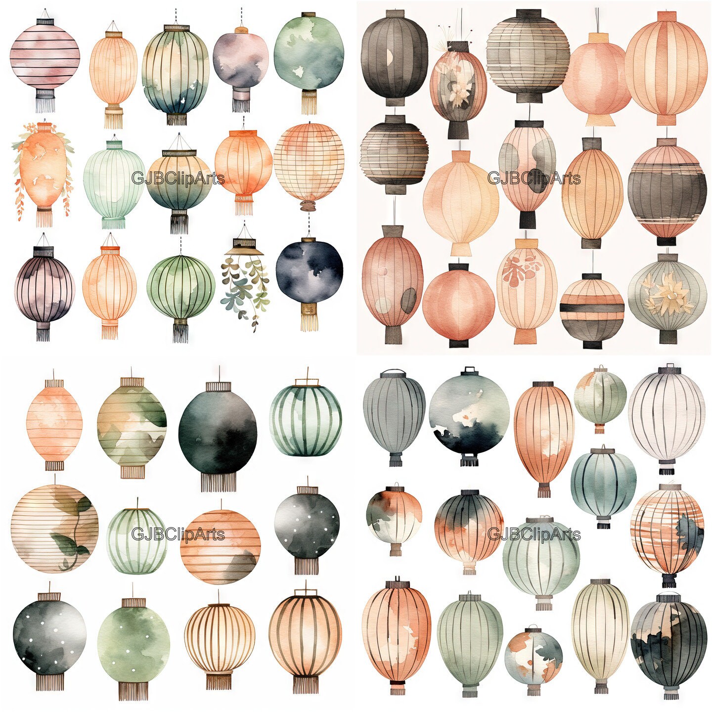 Watercolor Lampion and Paper Lantern Clipart, Journaling Lines Stamp, Scrapbook Pages