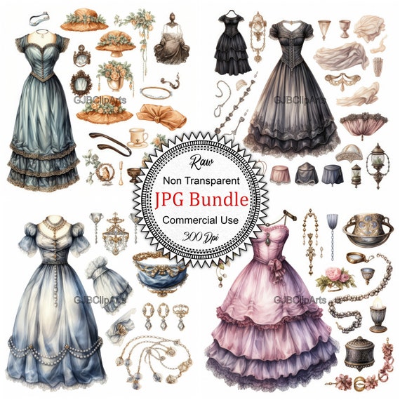 Classic Victorian Dress and Accessories Clipart, Victorian Fashion Clipart,  Scrapbook Template, Journaling Stickers, Fashion Illustration - Etsy