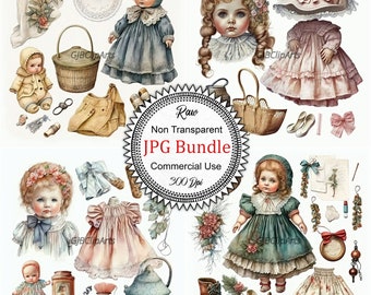 Adorable Doll Accessories Collection Clipart: Watercolor Toy Elements, High-Quality JPGs, 300 dpi, Scrapbooking, Stickers, Commercial Use