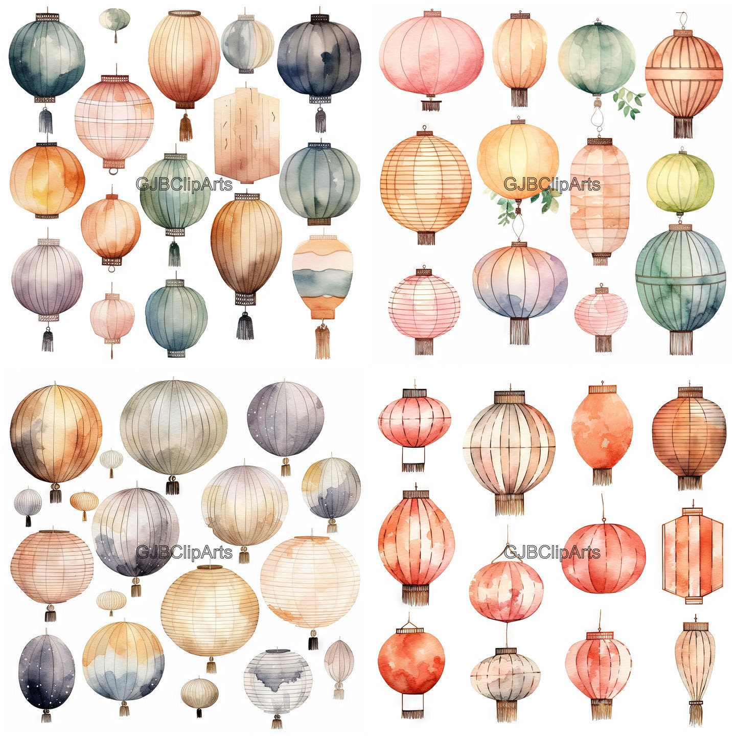 Watercolor Lampion and Paper Lantern Clipart, Journaling Lines Stamp, Scrapbook Pages