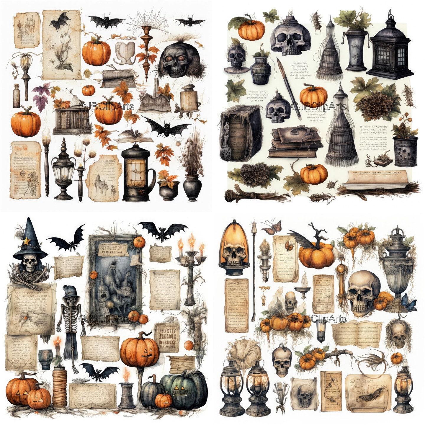 Vintage Halloween Junk Journal Clipart ,skull Clipart, Witch Hat ...