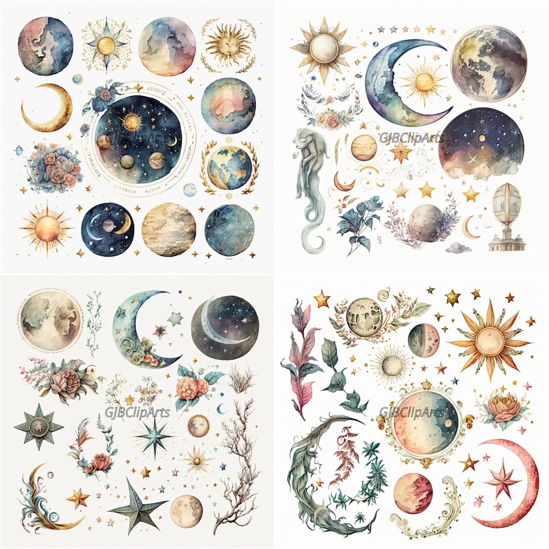 K&ouml;nnte beinhalten: Ein Set mit Aquarell-Illustrationen von Himmelsk&ouml;rpern, darunter Monde, Sterne und Sonnen. Die Illustrationen sind in Blaut&ouml;nen, Gold und Braun gehalten und eignen sich perfekt, um jedem Projekt eine Prise Verspieltheit zu verleihen.