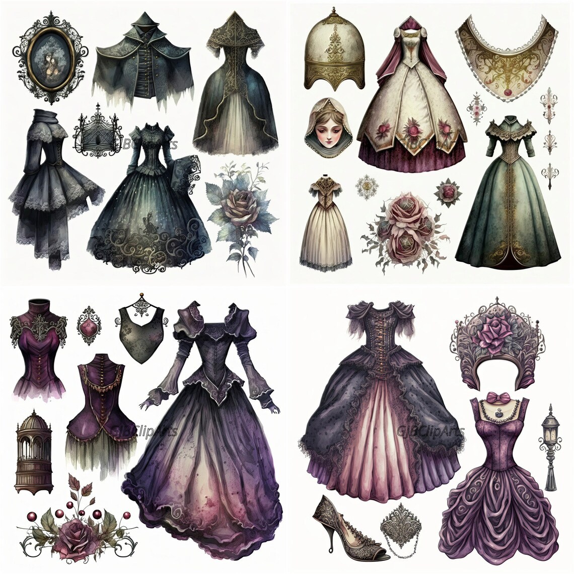 Alluring Gothic Princess Clothes Collection Clipart: Watercolor Gothic ...
