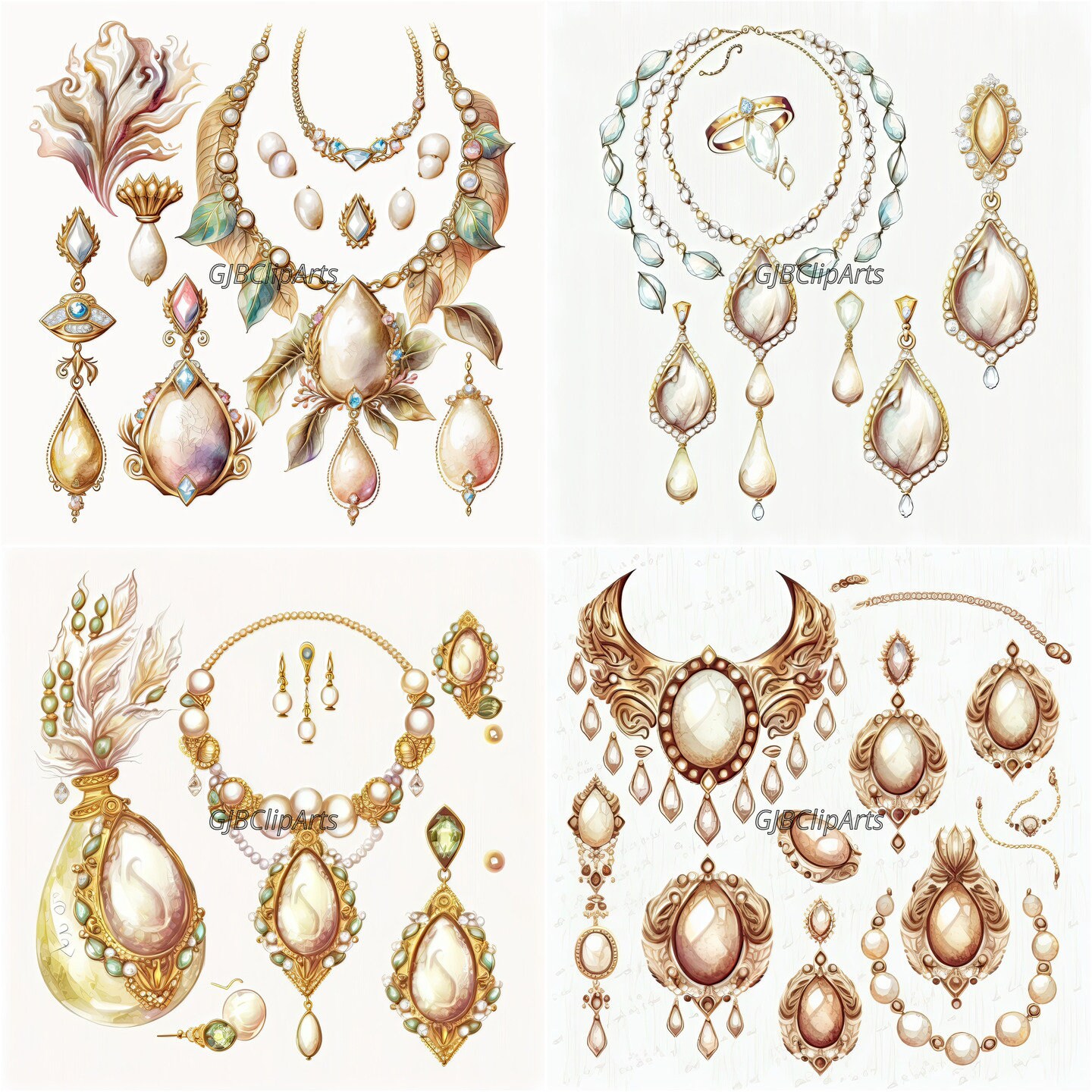 Golden Jewelry Collection Clipart: Watercolor Gemstones and Accessories ...
