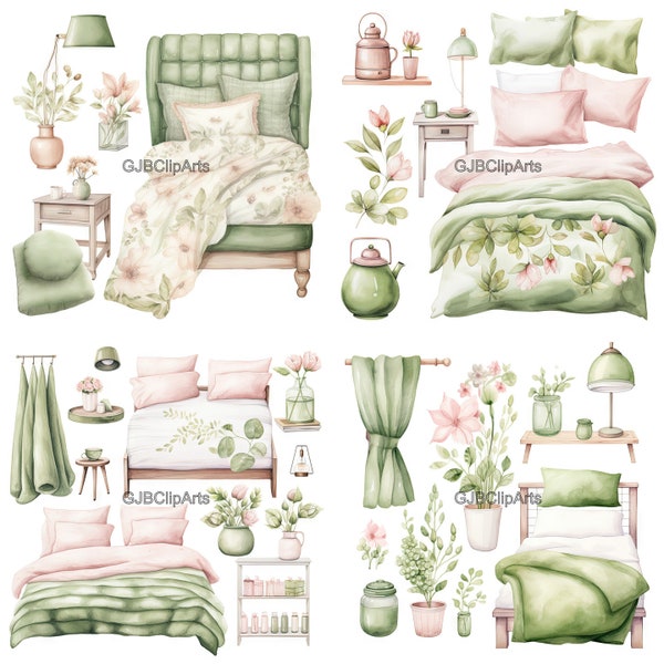 Cozy Girls Bedroom Clipart, Pistachio Green and Pale Pink Decor Clipart, Journaling Printables, , , Journaling Embellishments